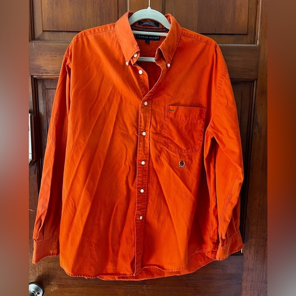 Tommy Hilfiger Orange Button Down Shirt L Crest Logo Long Sleeve 100% Cotton